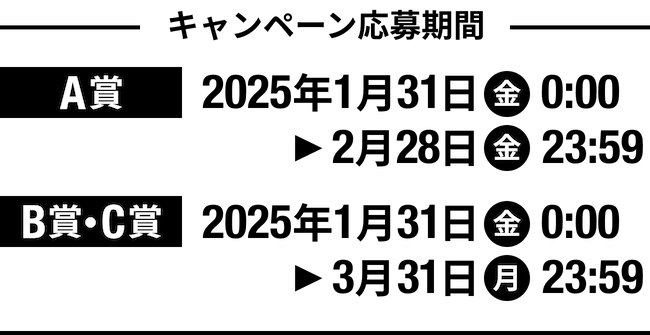 キャンペーン応募期間 A賞 2025年1月31日（金）から2月28日（金）23:59 B賞・C賞・D賞 2025年1月31日（金）から3月31日（土）23:59